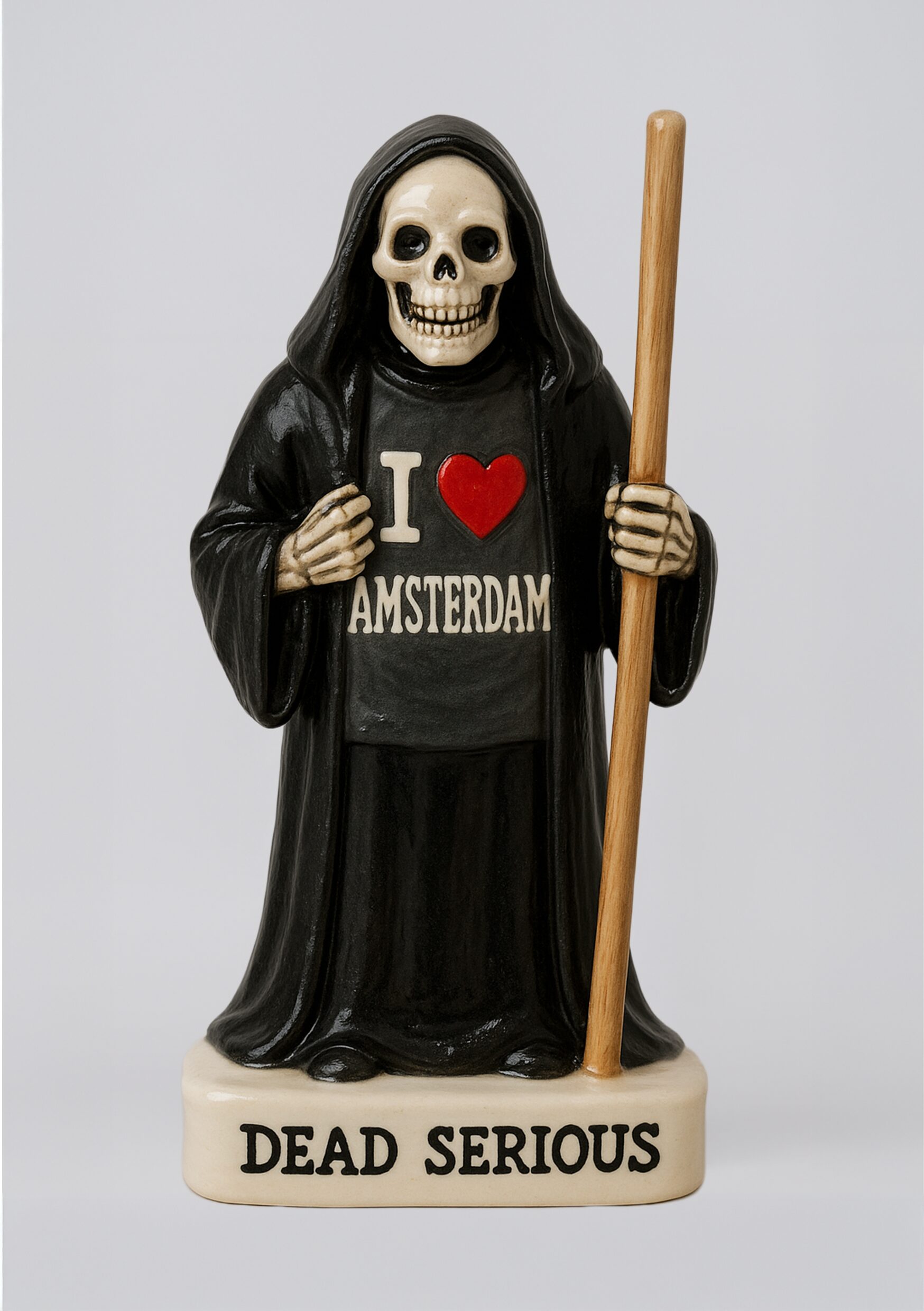 Every day on Dam Square, rain or shine, he clocks in dressed for the afterlife. Commitment like this? Dead serious.